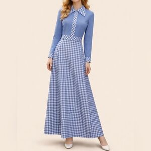 VTG JENNIFER GEE 1970s Icy Blue and White Gingham Long Sleeve Maxi Dress